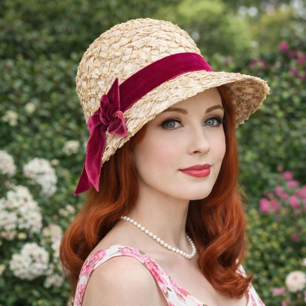 Vintage Susan Carol Belinda Ribbon Straw Cloche Hat Pink Velvet Bow 60s JackieO